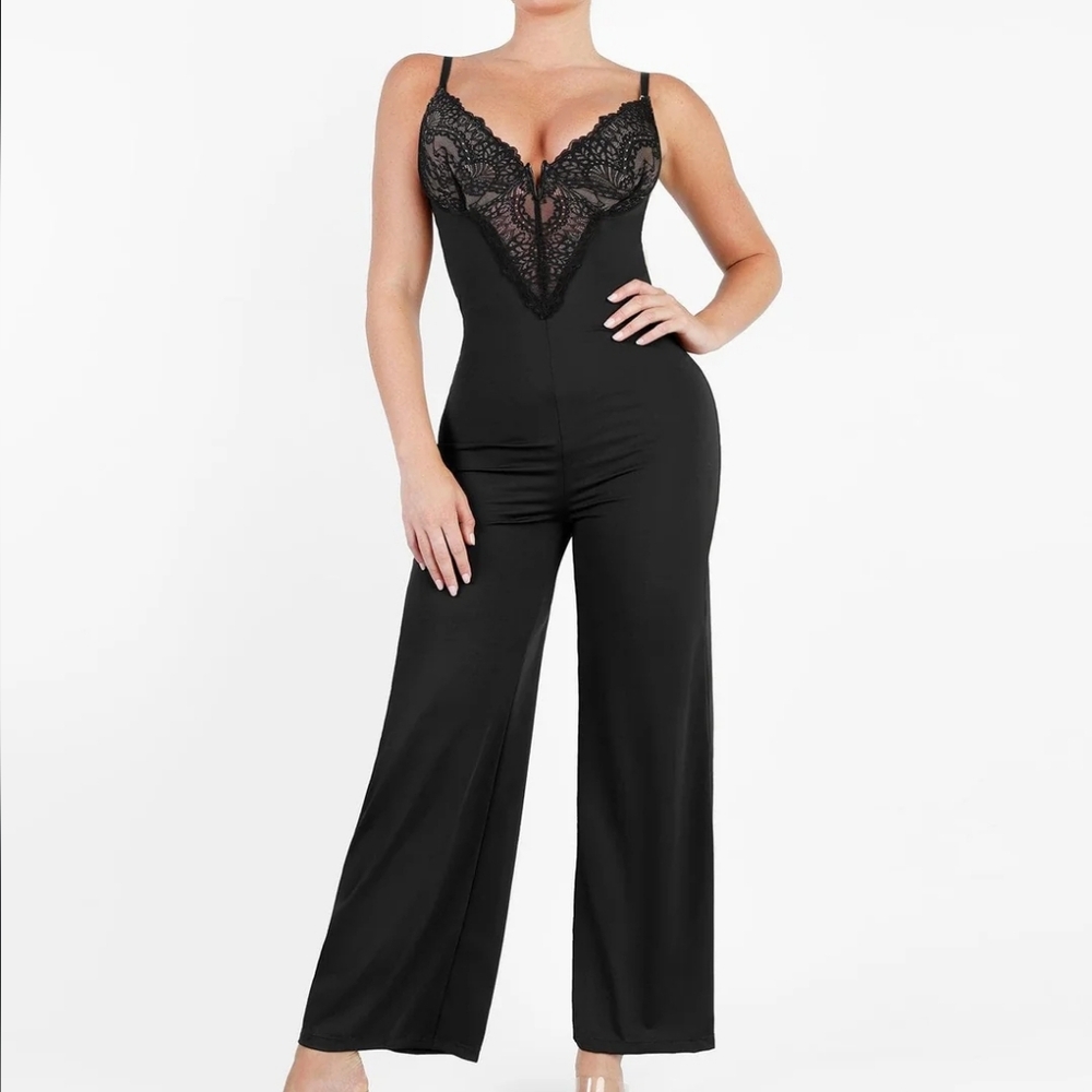 Popilush Shapewear Outer Wear Lace Deep V-Neck Sculpting Wide Leg Jumpsuit